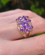 Load image into Gallery viewer, 6253 Vintage: 14ct Gold Amethysts, Peridots, Diamond's Cluster Cocktail Ring- Suffragette Colours
