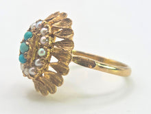 Load image into Gallery viewer, 2681: Vintage 9ct Gold Turquoises Seed Pearls Open Work Cocktail Ring- From 1967