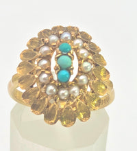Load image into Gallery viewer, 2681: Vintage 9ct Gold Turquoises Seed Pearls Open Work Cocktail Ring- From 1967