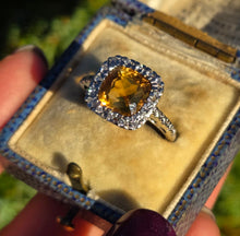 Load image into Gallery viewer, 2444; Vintage 18ct White Gold Fiery Yellow Citrine 24 Diamonds Ring