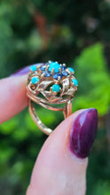 Load image into Gallery viewer, 6362 Vintage: 9ct Gold Turquoises Sapphires Cluster Ring- from 1964