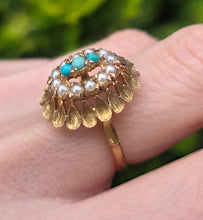 Load image into Gallery viewer, 2681: Vintage 9ct Gold Turquoises Seed Pearls Open Work Cocktail Ring- From 1967