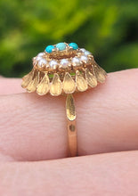 Load image into Gallery viewer, 2681: Vintage 9ct Gold Turquoises Seed Pearls Open Work Cocktail Ring- From 1967