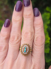 Load image into Gallery viewer, 2681: Vintage 9ct Gold Turquoises Seed Pearls Open Work Cocktail Ring- From 1967