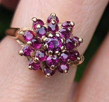 Load image into Gallery viewer, 2250 Vintage: 9ct Gold 19 Rich Red Rubies Flower Head Cluster Ring- From 1974