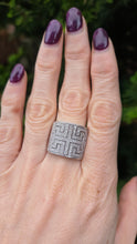 Load image into Gallery viewer, 6330 Vintage: 9ct White Gold Large Greek Key Natural Sparkling Diamonds Statement Ring