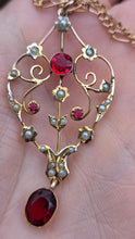 Load image into Gallery viewer, 1651 Antique (Edwardian) 9ct Gold Garnets Seed Pearls Pendant & Figaro Necklace