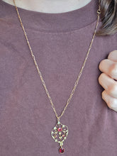 Load image into Gallery viewer, 1651 Antique (Edwardian) 9ct Gold Garnets Seed Pearls Pendant & Figaro Necklace