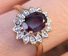 Load image into Gallery viewer, 6426: Vintage 9ct Gold Red Garnet Diamonds Flower Head Ring