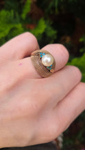 Load image into Gallery viewer, 1396: 9ct Woven Gold Cultured Pearl Turquoises Statement Ring