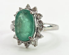 Load image into Gallery viewer, 2709: Vintage 18ct White Gold Large Emerald Natural Sparkling Diamonds Cluster Ring