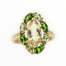 Load image into Gallery viewer, 2831 Vintage 9cxt Gold Citrines Diopsides Cluster Ring