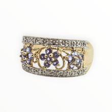 Load image into Gallery viewer, 2938- Vintage 9ct Gold Iolites Natural Sparkling Diamonds Flower Head Cocktail Ring