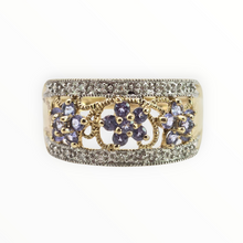 Load image into Gallery viewer, 2938- Vintage 9ct Gold Iolites Natural Sparkling Diamonds Flower Head Cocktail Ring