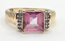Load image into Gallery viewer, 2728 Vintage 9ct Gold Princess Cut Pink Topaz 10 Natural Diamonds Cocktail Ring