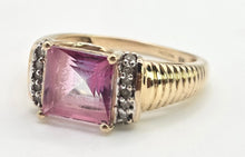 Load image into Gallery viewer, 2728 Vintage 9ct Gold Princess Cut Pink Topaz 10 Natural Diamonds Cocktail Ring