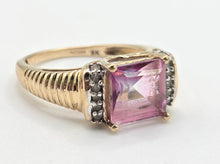 Load image into Gallery viewer, 2728 Vintage 9ct Gold Princess Cut Pink Topaz 10 Natural Diamonds Cocktail Ring