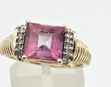 Load image into Gallery viewer, 2728 Vintage 9ct Gold Princess Cut Pink Topaz 10 Natural Diamonds Cocktail Ring