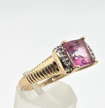 Load image into Gallery viewer, 2728 Vintage 9ct Gold Princess Cut Pink Topaz 10 Natural Diamonds Cocktail Ring