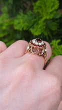 Load image into Gallery viewer, 1420: Vintage: 9ct Gold Garnets Seed Pearls Flower Head Ring- From 1973