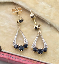 Load image into Gallery viewer, 2809: Vintage 9ct Gold Blue Sapphires Diamonds Drop Stud Earrings