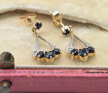 Load image into Gallery viewer, 2809: Vintage 9ct Gold Blue Sapphires Diamonds Drop Stud Earrings