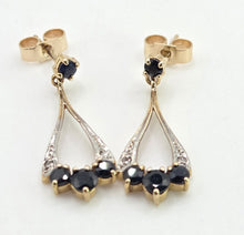 Load image into Gallery viewer, 2809: Vintage 9ct Gold Blue Sapphires Diamonds Drop Stud Earrings