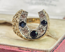 Load image into Gallery viewer, 2817: Vintage 9ct Gold Blue Sapphires Natural Diamonds Horseshoe Ring