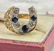 Load image into Gallery viewer, 2817: Vintage 9ct Gold Blue Sapphires Natural Diamonds Horseshoe Ring