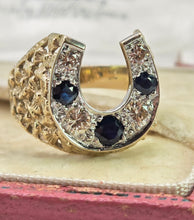 Load image into Gallery viewer, 2817: Vintage 9ct Gold Blue Sapphires Natural Diamonds Horseshoe Ring