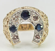 Load image into Gallery viewer, 2817: Vintage 9ct Gold Blue Sapphires Natural Diamonds Horseshoe Ring