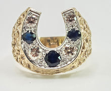 Load image into Gallery viewer, 2817: Vintage 9ct Gold Blue Sapphires Natural Diamonds Horseshoe Ring