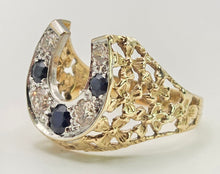 Load image into Gallery viewer, 2817: Vintage 9ct Gold Blue Sapphires Natural Diamonds Horseshoe Ring