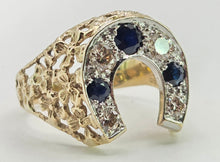 Load image into Gallery viewer, 2817: Vintage 9ct Gold Blue Sapphires Natural Diamonds Horseshoe Ring