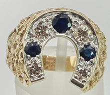 Load image into Gallery viewer, 2817: Vintage 9ct Gold Blue Sapphires Natural Diamonds Horseshoe Ring