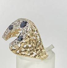 Load image into Gallery viewer, 2817: Vintage 9ct Gold Blue Sapphires Natural Diamonds Horseshoe Ring
