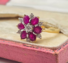 Load image into Gallery viewer, 2966- Vintage 18ct Gold Rubies Diamonds Flower Head Ring