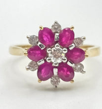 Load image into Gallery viewer, 2966- Vintage 18ct Gold Rubies Diamonds Flower Head Ring