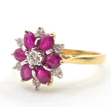 Load image into Gallery viewer, 2966- Vintage 18ct Gold Rubies Diamonds Flower Head Ring