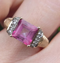 Load image into Gallery viewer, 2728 Vintage 9ct Gold Princess Cut Pink Topaz 10 Natural Diamonds Cocktail Ring