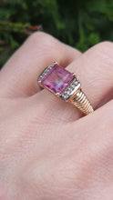 Load image into Gallery viewer, 2728 Vintage 9ct Gold Princess Cut Pink Topaz 10 Natural Diamonds Cocktail Ring