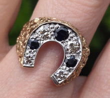 Load image into Gallery viewer, 2817: Vintage 9ct Gold Blue Sapphires Natural Diamonds Horseshoe Ring