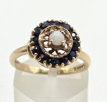 Load image into Gallery viewer, 2858: Vintage 9ct Gold White Opal 12 Blue Sapphires Openwork Ring- From 1971