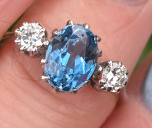 Load image into Gallery viewer, 2467- Vintage Rare 18ct White Gold Platinum Aquamarine Diamonds 3-Stone Straight Ring