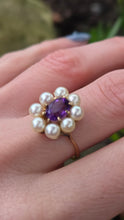 Load image into Gallery viewer, 6352: Vintage 9ct Gold Amethyst Pearls Flower Head Ring- finest quality