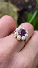 Load image into Gallery viewer, 6352: Vintage 9ct Gold Amethyst Pearls Flower Head Ring- finest quality