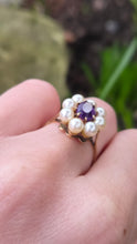 Load image into Gallery viewer, 6352: Vintage 9ct Gold Amethyst Pearls Flower Head Ring- finest quality