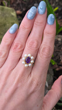 Load image into Gallery viewer, 6352: Vintage 9ct Gold Amethyst Pearls Flower Head Ring- finest quality