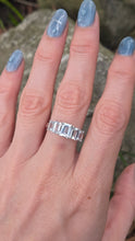Load image into Gallery viewer, 2598: Vintage 9ct white Gold 5 emerald Cut Blue Aquamarines Ring