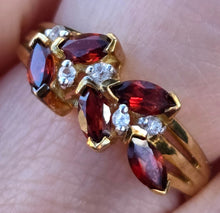 Load image into Gallery viewer, 6436 Vintage: 9ct Gold Marquise Cut Red Garnets White Sapphires Floral Cluster Ring